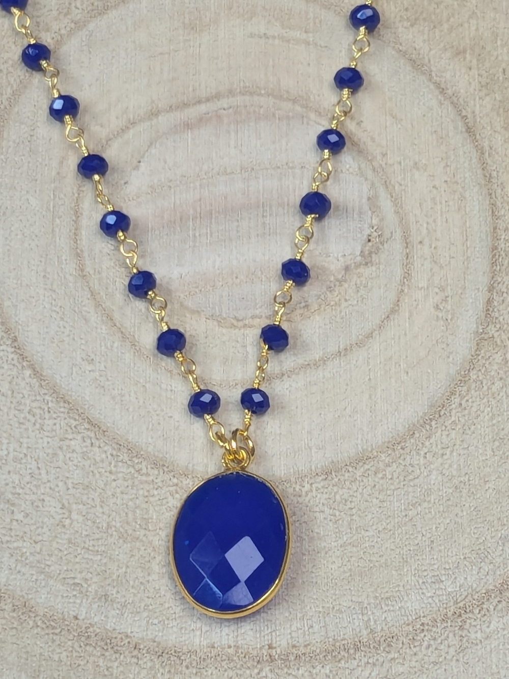 Blue Chalcedony Pendant Necklace | Sapphire Beaded Chain | 24K Gold Plated - Picture 2 of 4